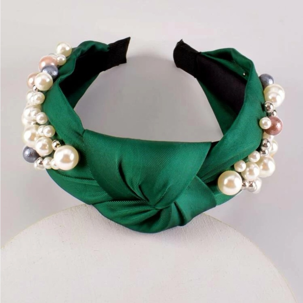 New ✨ Luxe Emerald Green Faux Pearl Beaded Boutique Statement Headband